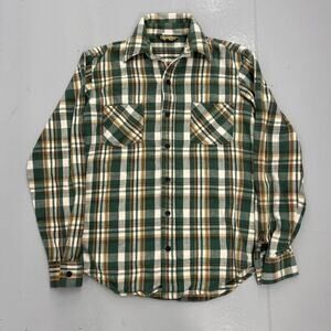 Vintage 80s Sears Green Plaid Thick Cotton Flannel Shirt